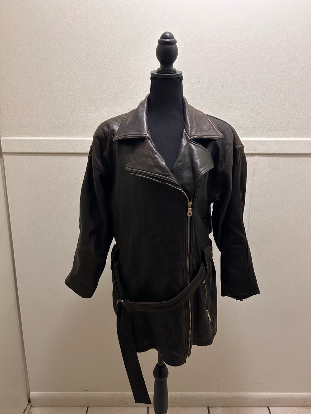 Andrew Marc Dark Brown Leather Asymmetrical Zip Jacket with Belt